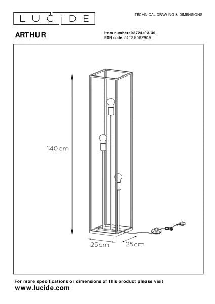 Lucide ARTHUR - Floor lamp - 3xE27 - Black - Lights Zone
