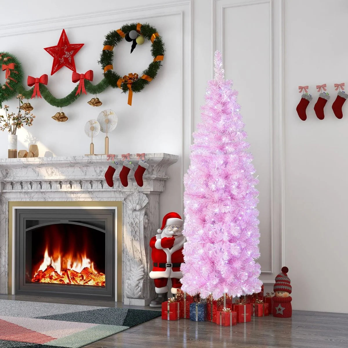 180 Cm Pink Slim Xmas Tree with 475 Branch Tips and 250 Cold White LED Lights