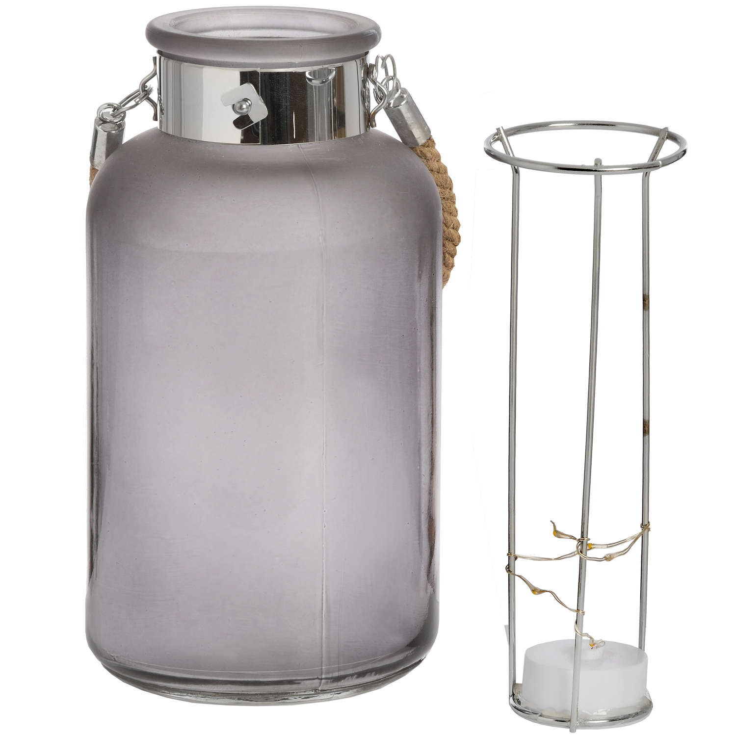 Frosted Grey Glass Lantern with Rope Detail and LED - Lights Zone
