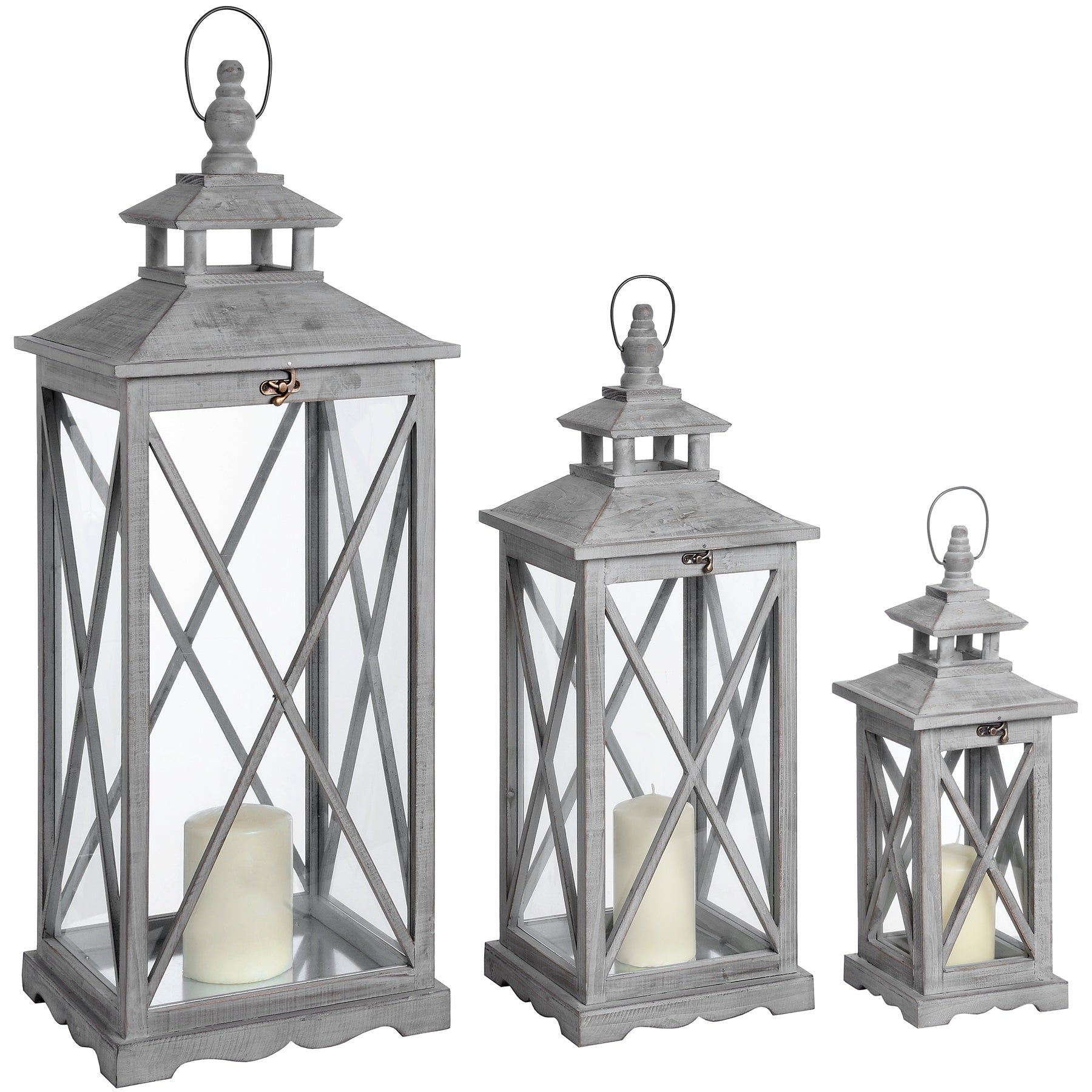 Set Of Three Wooden Lanterns With Traditional Cross Section - Lights Zone