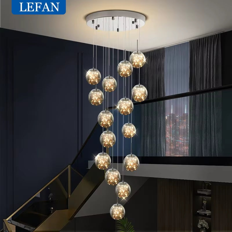 Modern LED Glass Ball Lampshade Ceiling Chandeliers Staircase Duplex Building Villa Loft Hollow Living Room Lights Pendant Lamp