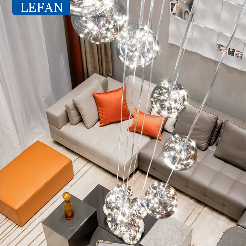 Modern LED Glass Ball Lampshade Ceiling Chandeliers Staircase Duplex Building Villa Loft Hollow Living Room Lights Pendant Lamp