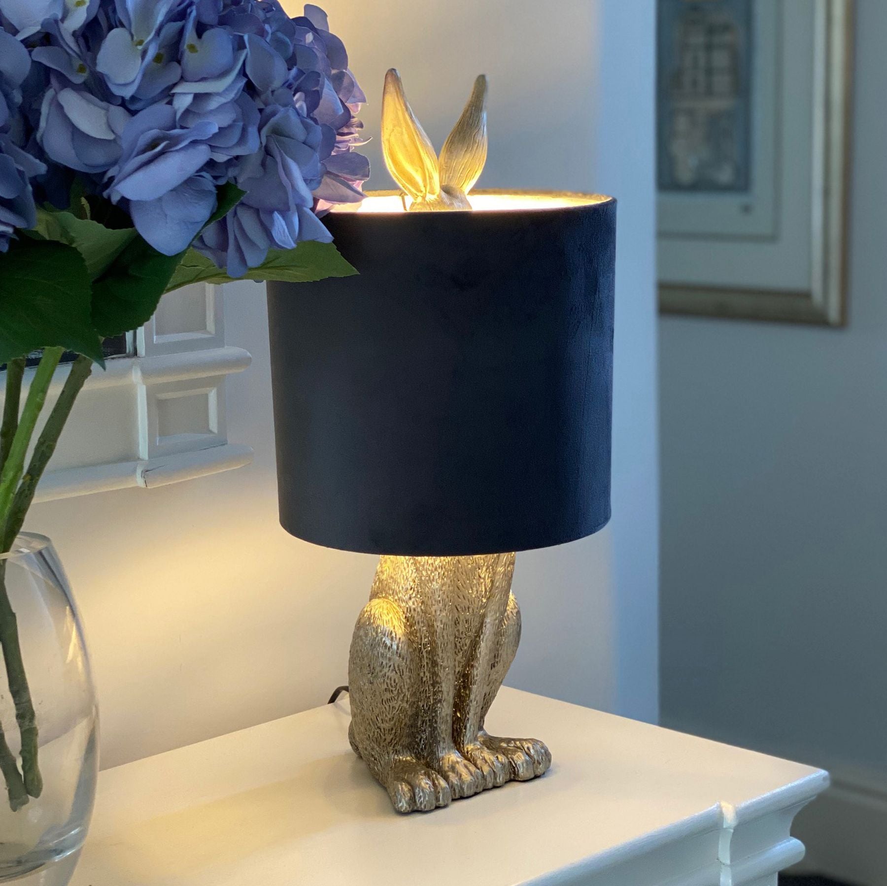 Silver Hare Table Lamp With Grey Velvet Shade - Lights Zone