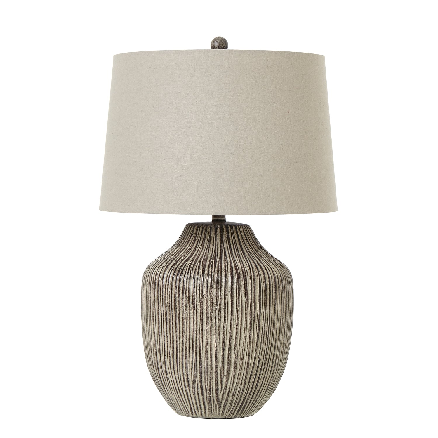 Ochre Carved Textured Table Lamp With Linen Shade - Lights Zone