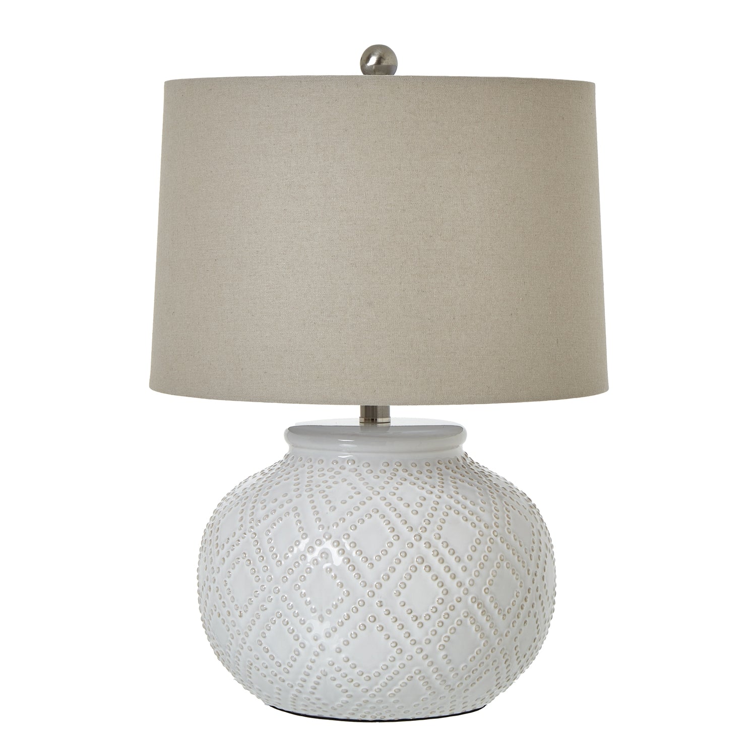 Squat White Beaded Ceramic Lamp With Linen Shade - Lights Zone