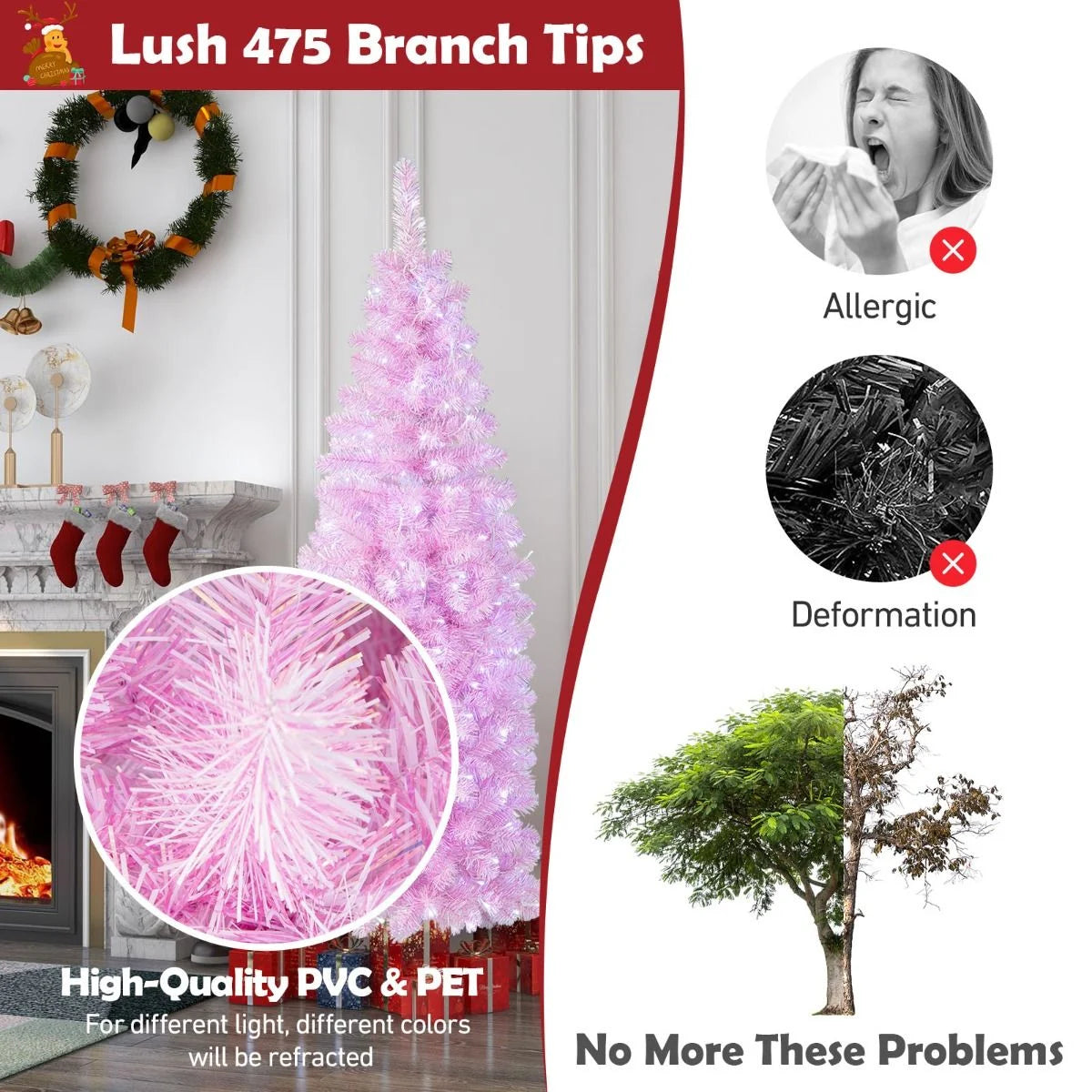 180 Cm Pink Slim Xmas Tree with 475 Branch Tips and 250 Cold White LED Lights