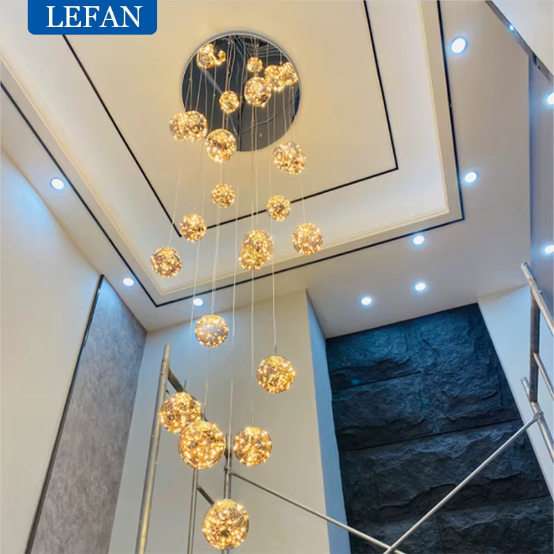 Modern LED Glass Ball Lampshade Ceiling Chandeliers Staircase Duplex Building Villa Loft Hollow Living Room Lights Pendant Lamp