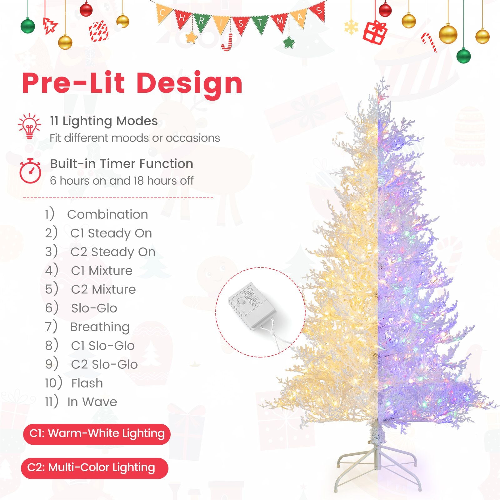180Cm White Hinged Christmas Tree with Snow-Flocked PE Tips