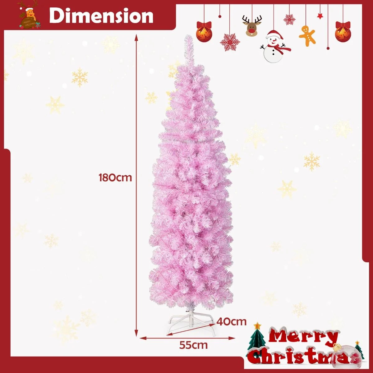 180 Cm Pink Slim Xmas Tree with 475 Branch Tips and 250 Cold White LED Lights
