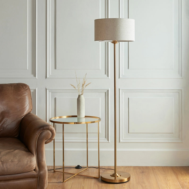 Luxia Bampton Floor Lamp – Vintage Brass & Natural Linen Shade