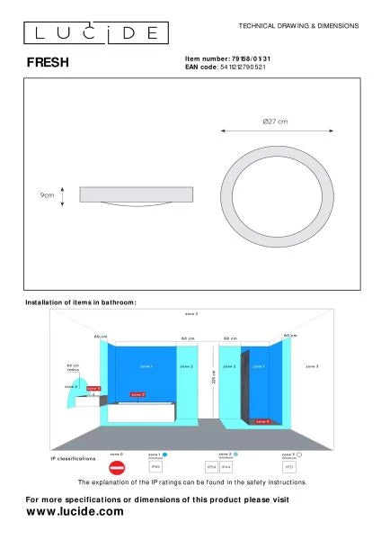 Lucide FRESH - Flush ceiling light Bathroom - Ø 27 cm - 1xE27 - IP44 - Lights Zone