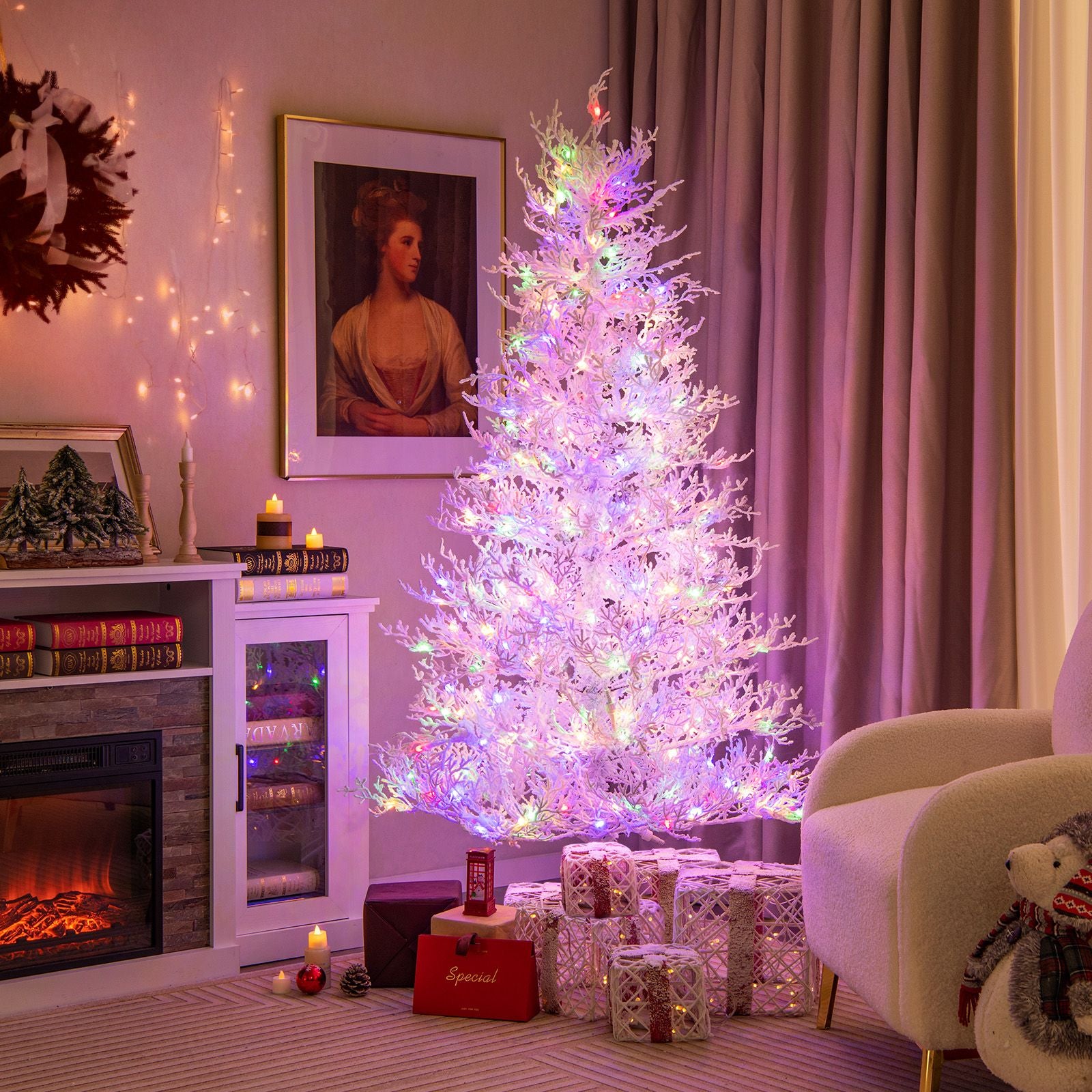 180Cm White Hinged Christmas Tree with Snow-Flocked PE Tips