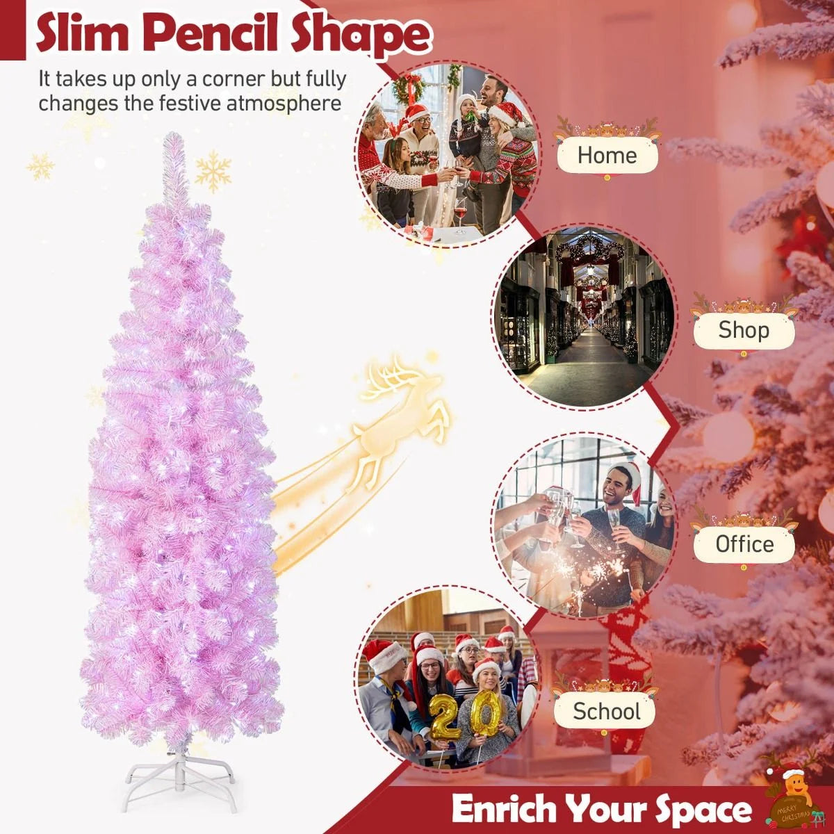 180 Cm Pink Slim Xmas Tree with 475 Branch Tips and 250 Cold White LED Lights