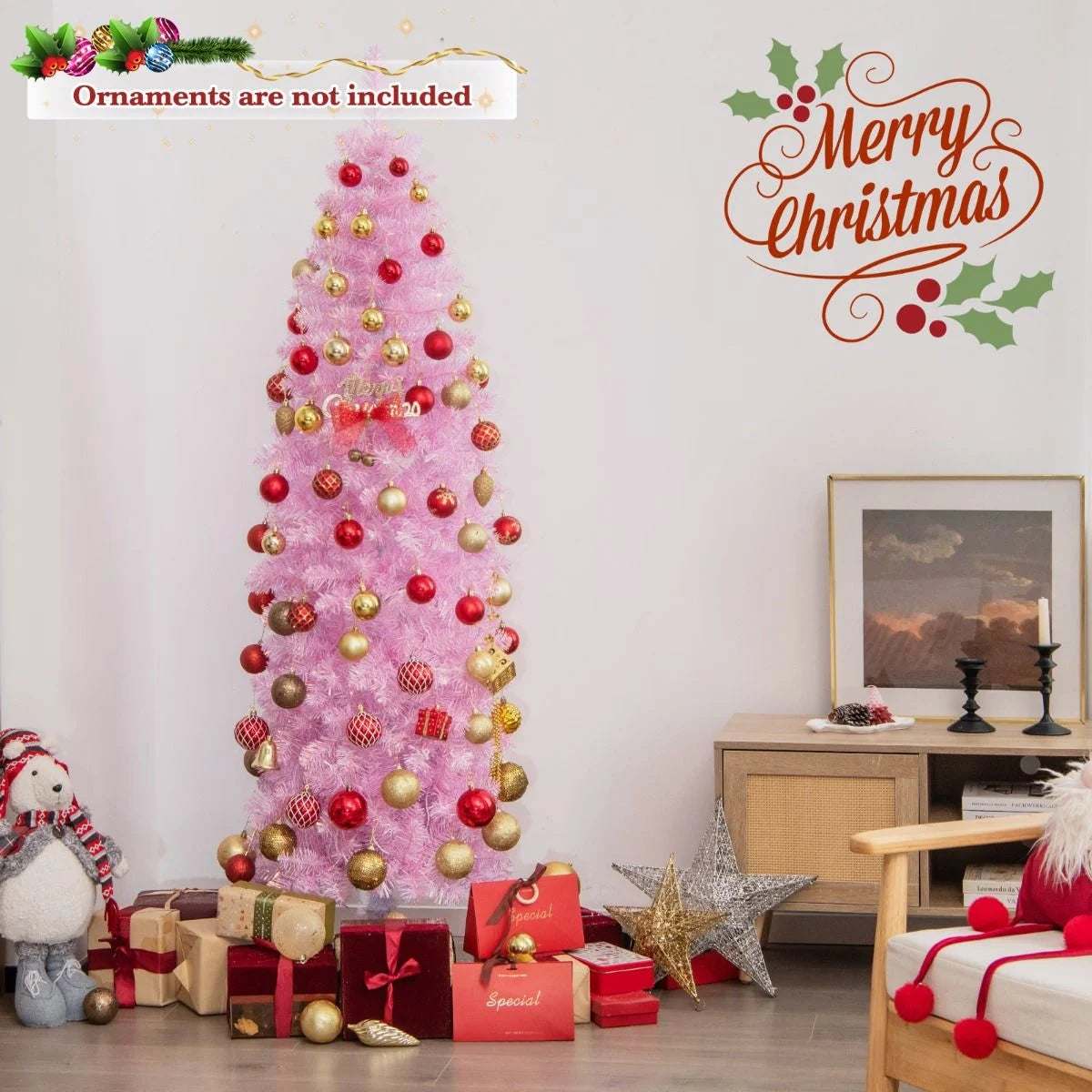 180 Cm Pink Slim Xmas Tree with 475 Branch Tips and 250 Cold White LED Lights