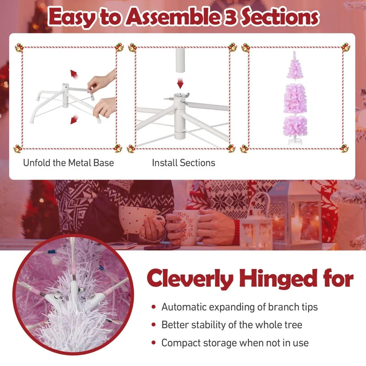 180 Cm Pink Slim Xmas Tree with 475 Branch Tips and 250 Cold White LED Lights