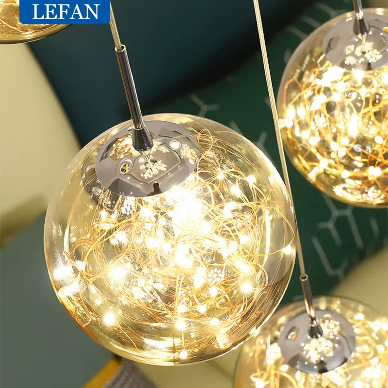 Modern LED Glass Ball Lampshade Ceiling Chandeliers Staircase Duplex Building Villa Loft Hollow Living Room Lights Pendant Lamp