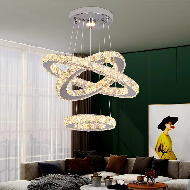 Crystal LED Ring Pendant Lights - Modern Chandelier for Living and Dining Room Decor