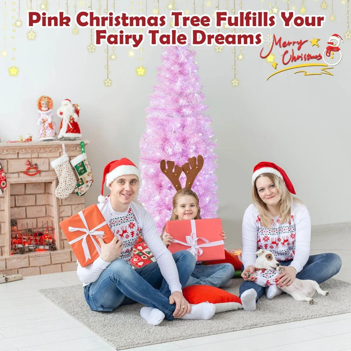 180 Cm Pink Slim Xmas Tree with 475 Branch Tips and 250 Cold White LED Lights