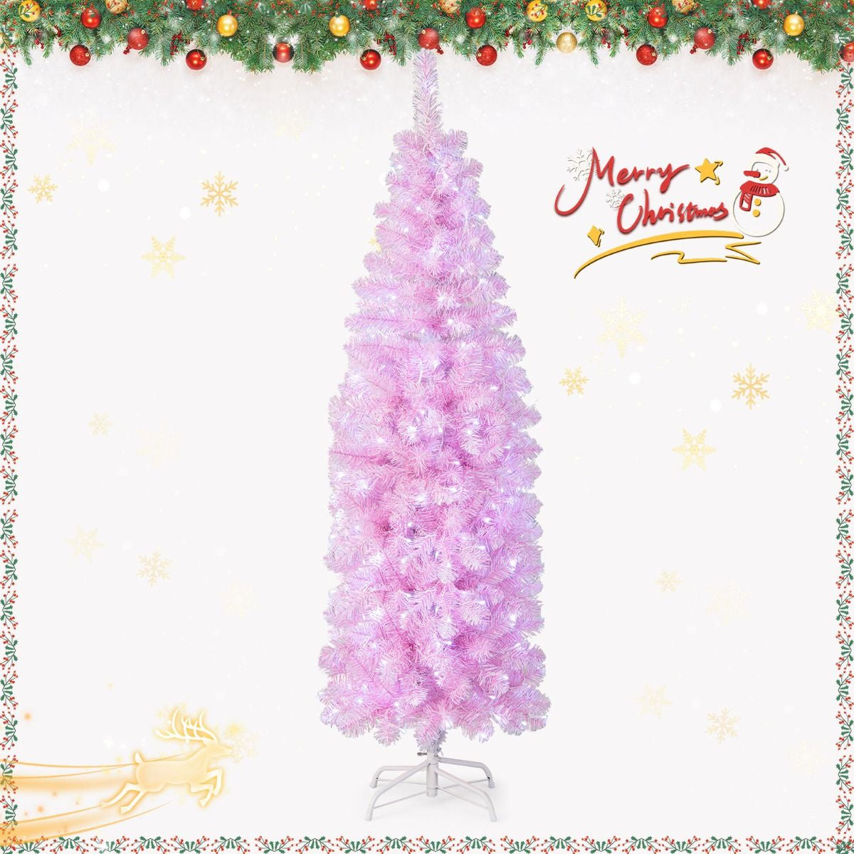 180 Cm Pink Slim Xmas Tree with 475 Branch Tips and 250 Cold White LED Lights